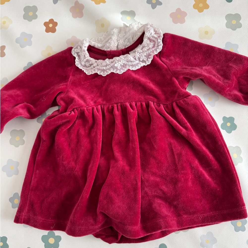 H&M Burgundy Velvet Baby Dress with Lace Trim